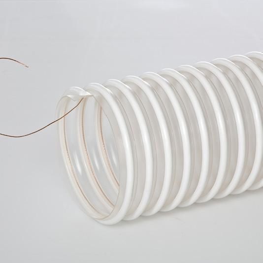 CR Specially formulated clear static dissipative thermoplastic polyurethane hose reinforced with a rigid white external ABS helix and an embedded copper grounding wire.