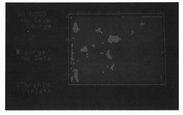 Fig. 8. ARIS through-transmission examination results of a T-38 horizontal stabilizer consisting of an aluminum skin bonded to a honeycomb core. Several disbonds and core damage areas are present.