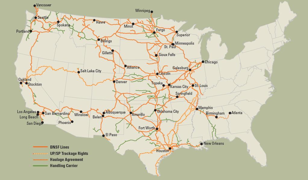 BNSF Railway Burlington Northern Santa Fe 32,500 mile rail freight system in 28 states and three Canadian provinces Employees: 42,000 Headquarters: Fort Worth, Texas Ports served: 40+