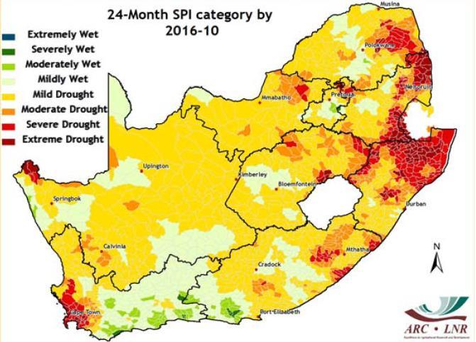 Figure 3.12 ARC-ISCW 24 month SPI for South Africa (Oct 2014 Oct 2016). 3.4.1 Mgeni System The 2014/15 drought depleted the resources of the Upper Mgeni System (Spring Grove, Midmar and Albert Falls dams).