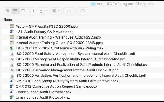 The next folder to open is the Audit RA Training and Checklists Folder