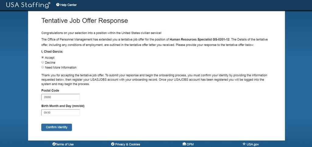 Image 2: Tentative Job Offer Response page.
