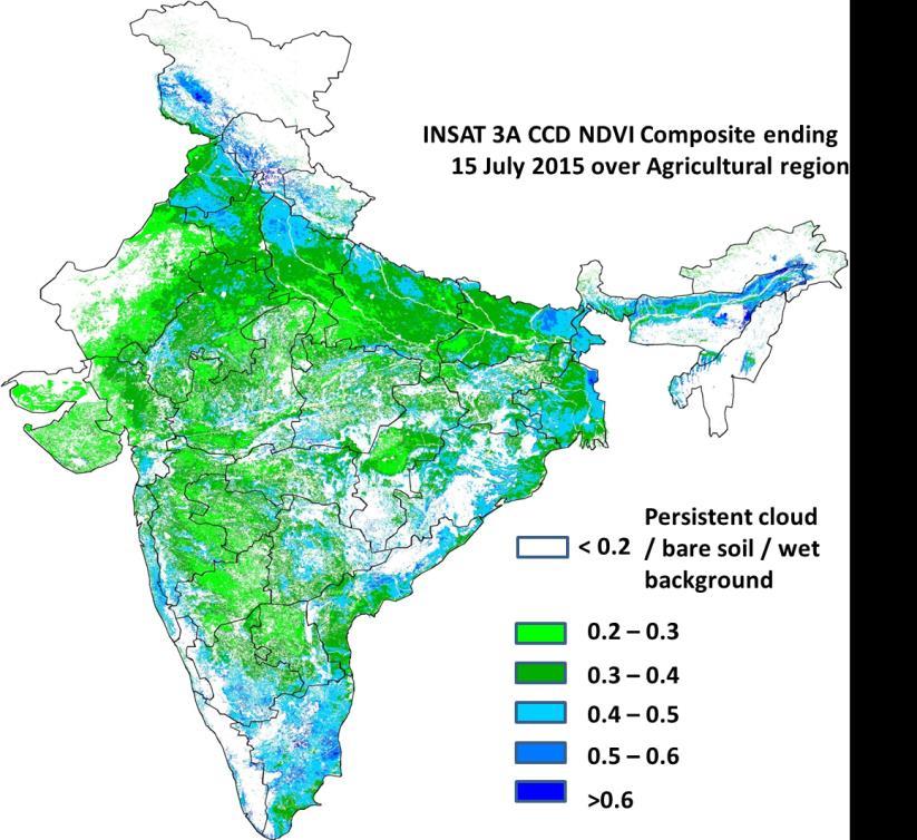 INSAT 3A CCD NDVI COMPOSITE ENDING ON 15 th July 2015 OVER AGRICULTURAL REGION OF INDIA Agricultural vigour is very good in most parts of West Bengal, Punjab, some pockets of East Bihar, Haryana and