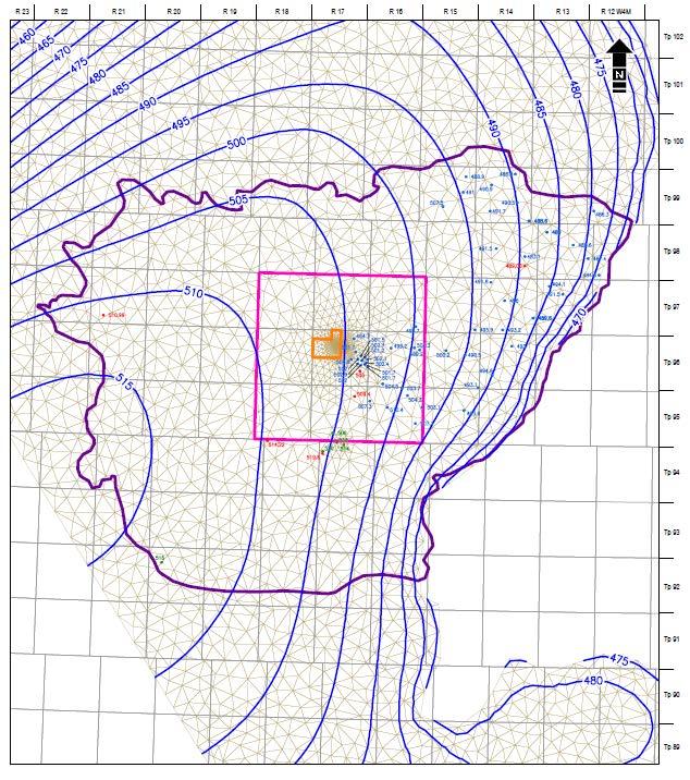3.Viking Aquifer Birch Mountains Model calibration: Manually adjusted the recharge rate and the transfer rate at subcrop edge: Mapped partial saturation edge Modelled partial saturation edge