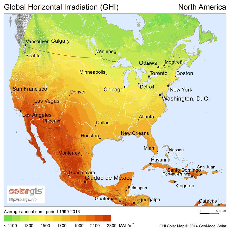 sun [5]. A map of the global horizontal irradiation in North America can be seen below in Figure 1. Figure 1. Map of global horizontal irradiation in North America. http://solargis.