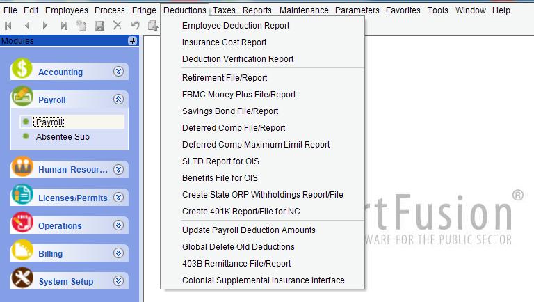 Deductions (PR) The Deductions menu on the payroll menu bar provides access to menu options to print deduction reports and