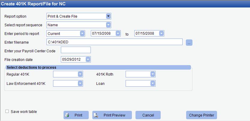 Create 401K Report/File for NC This menu option generates the 401K report and file to be submitted to BB&T