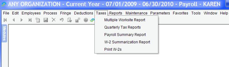 Taxes (PR) The Taxes menu on the payroll menu bar provides the options to generate