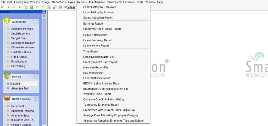 Reports (PR) The Reports menu on the payroll menu bar provides access to reports that are not related to options available under other menus.