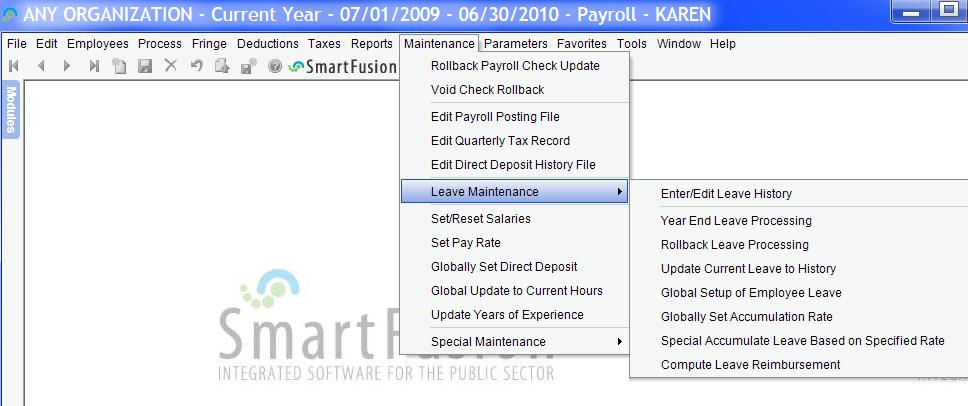 Leave Maintenance Under the Leave Maintenance menu, you will find sub-menu options that pertain to editing individual employee leave, global editing and setup of leave