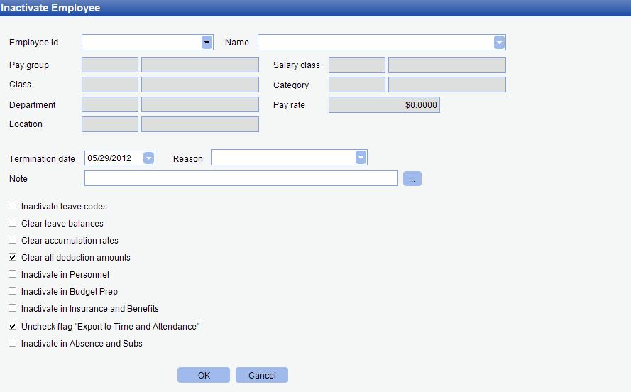 Inactivate Employee The only way to inactivate an employee is to choose the payroll Employees menu option and then select Inactivate Employee. The following screen will be displayed.