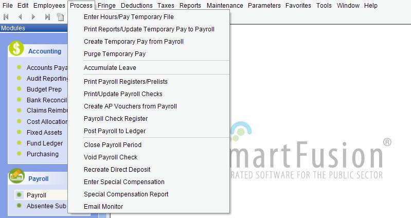 Process (PR) The Process option on the payroll menu bar provides access to menu options related to the periodic processing of payrolls.