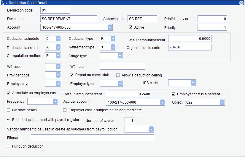Example of Deduction parameter: In order to use the Create AP Vouchers from Payroll option, the vendor number must be