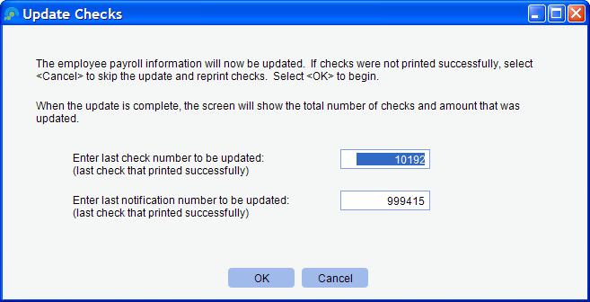 Restarting Check Print This option is used if you printed checks/notifications and had a printer jam or any other type of printer problem where you needed to restart a print job and restart check