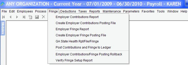 Fringe (PR) The Fringe option on the payroll menu bar provides access to menu options related to the employer s portion of FICA, Medicare, Retirement, Worker s Comp, Health, Dental, and Other fringe.