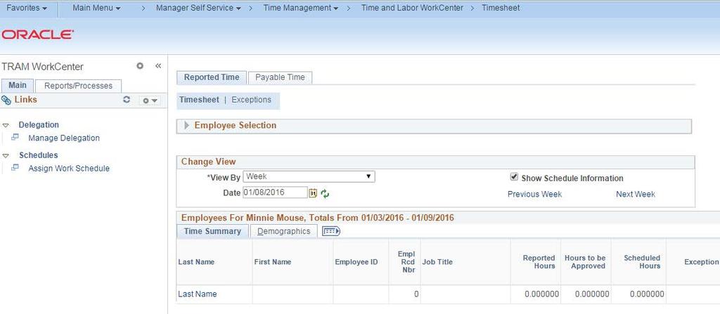 Once the Time and Labor WorkCenter has been selected, the Timesheet search page will display. Use links and tabs in the left pane of the WorkCenter to access the necessary pages, queries and reports.