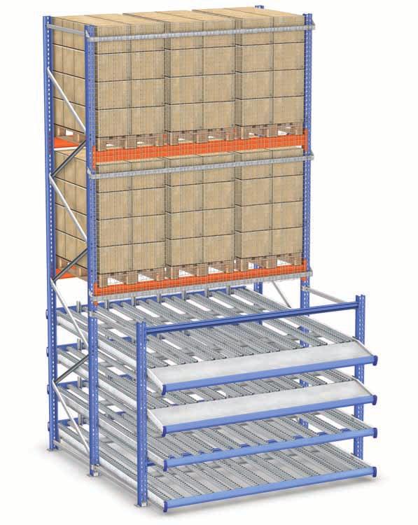 LIVE PICKING Bay with pallet reserve Usually, pallets with reserve goods are stored in the upper part of the live racking.