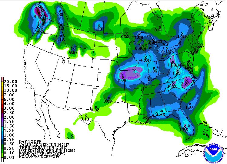 The precipitation forecast for the next 5 days shows only light amounts (<1/2 inch) west of the Red River