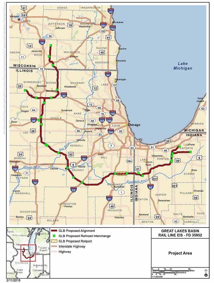 PROJECT DESCRIPTION Great Lakes Basin Transportation, Inc. (GLBT) is proposing to build a 278 mile $8B railroad line around the Chicago Metropolitan Area.