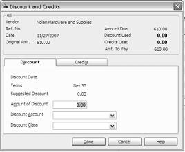 Instructions for Appling Discounts or Credits to Bills You Pay Applying a discount to a bill payment Enter the bill as normal and complete the payment information but don't record the payment yet
