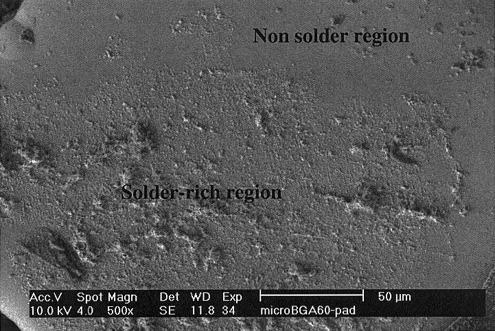 The non-solder region does not contain any solder on the pad surface and this implies that the solder may not have wetted the surface of Au/Ni/Cu pad.