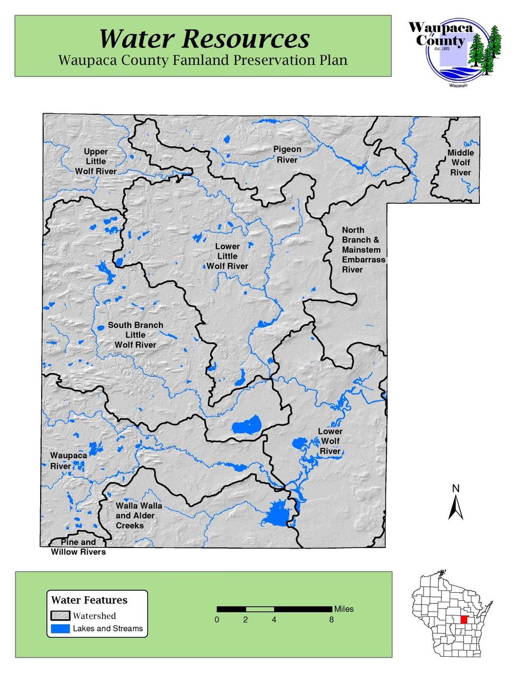 Figure 8. Water resources in Waupaca County Wetlands Approximately 124,473 acres of wetland exist in Waupaca County.