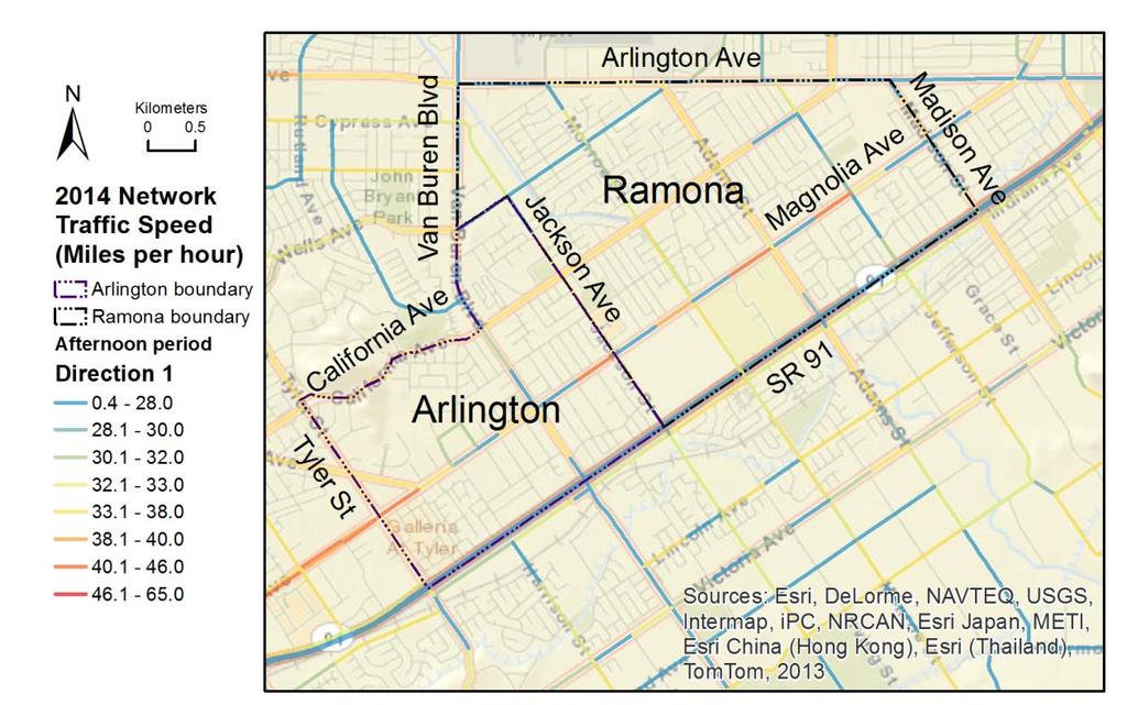 Figure 22 Modeled 2014 Riverside Arlington-Ramona Neighborhood Afternoon Traffic Speed Direction 1 Map
