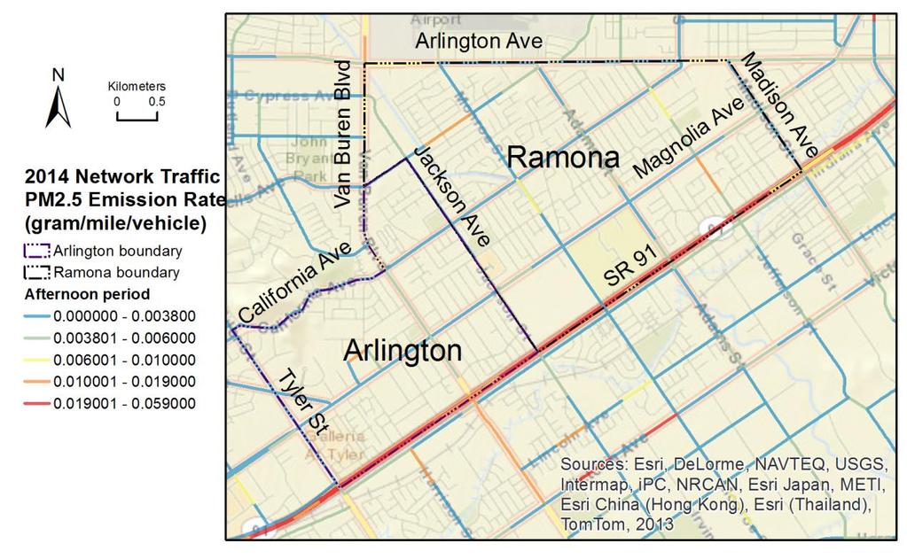 Figure 9 2014 Riverside Arlington-Ramona Neighborhood Midday Traffic Emission Factor Map
