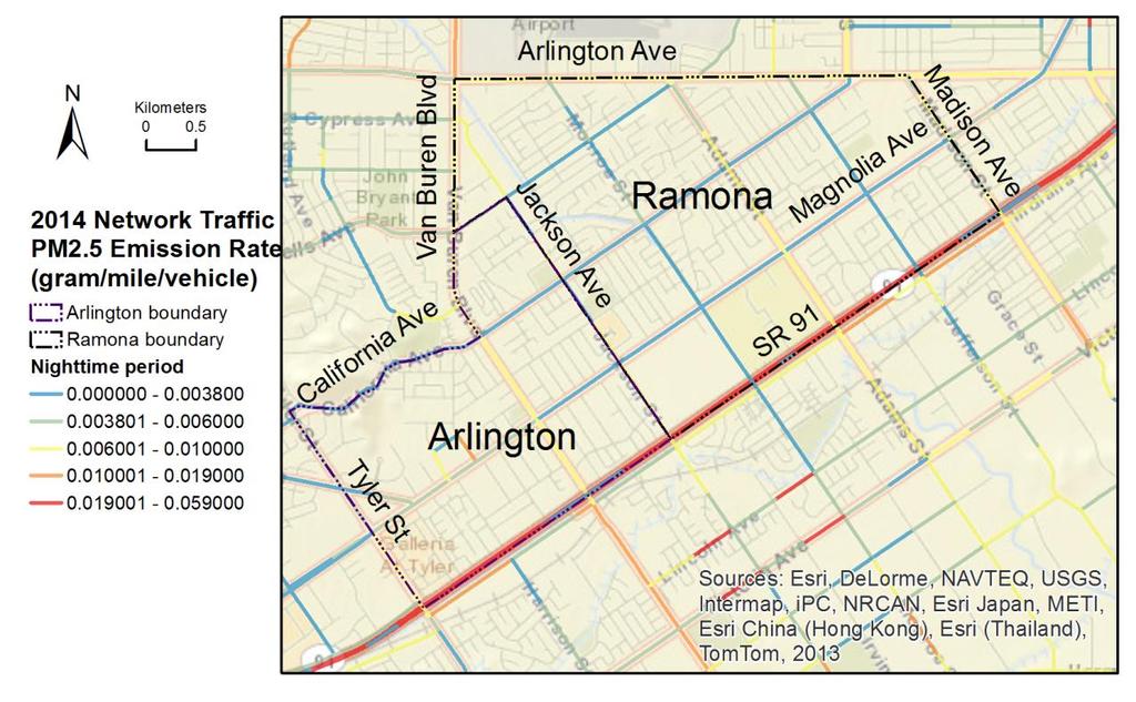 Figure 11 2014 Riverside Arlington-Ramona Neighborhood Nighttime Traffic Emission Factor Map 4 Dispersion modeling When the traffic activity and emission factor estimation are prepared ready as
