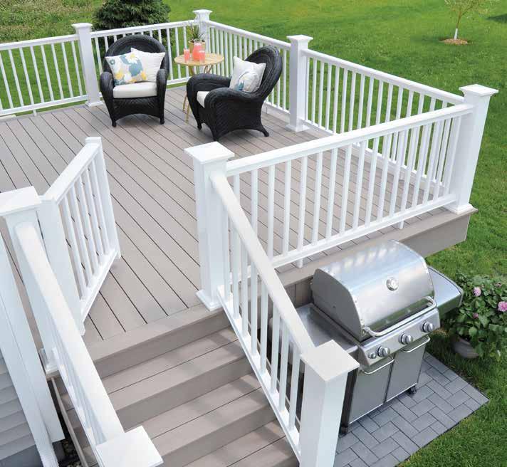 Shown: AZEK Deck in Brownstone with Sedona accents and AZEK Lighting (page 42).
