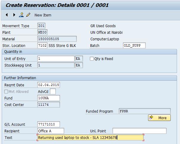 Bringing Equipment Back to Inventory - Highlights Key information in Umoja T-code ZMMMB21 - Create Reservation for return of used materials to