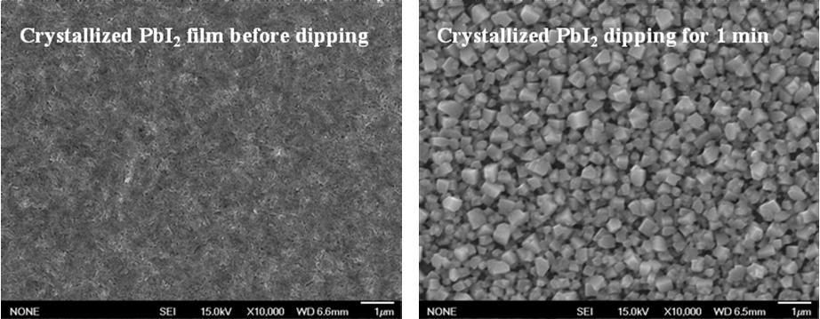 3. Reaction of crystallized PbI 2 with CH 3 NH 3 I Fig. S2 SEM images of crystallized PbI 2 film before (left) and after (right) dipping for 1 min in CH 3 NH 3 I solution.
