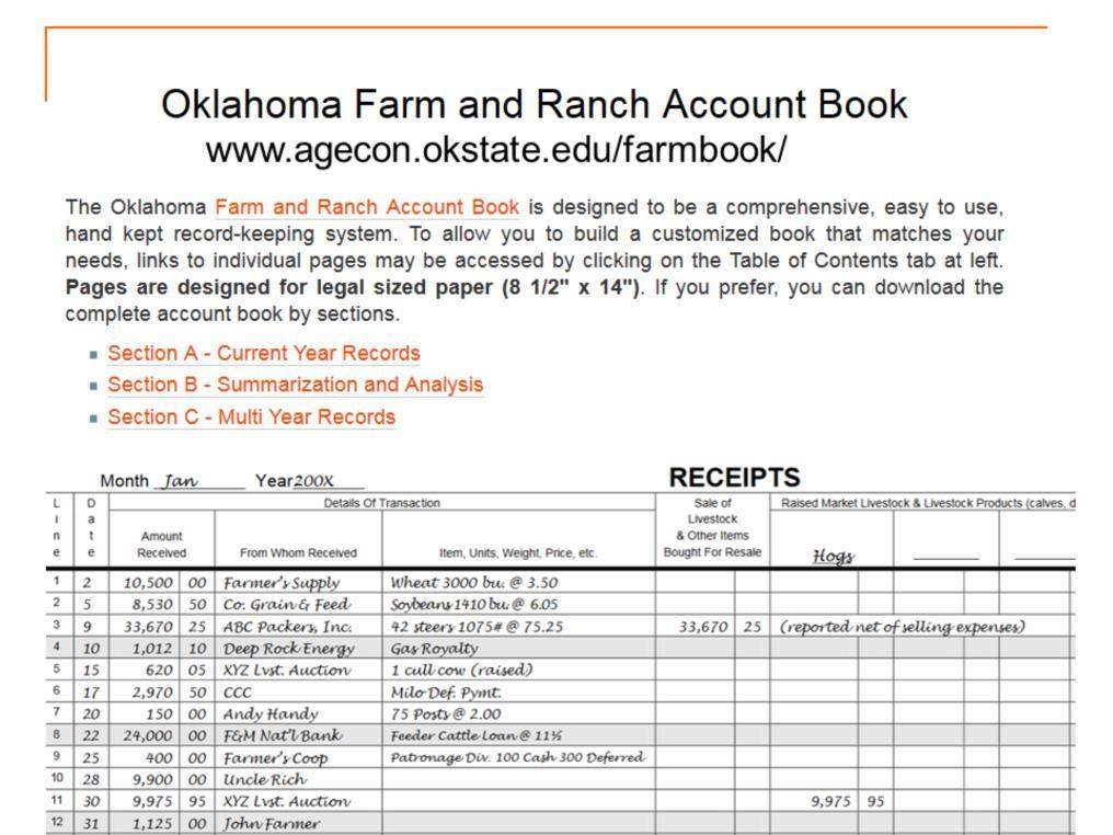 The Oklahoma Farm and Ranch Account Book is designed to be a comprehensive, easy to use, manual record-keeping system that allows whole farm and enterprise accounting.
