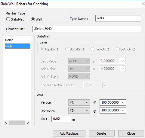 Slab/Wall Rebar Checking Data Specify rebar size Select all 0.