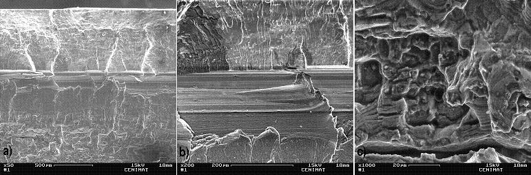 Zone of final rupture Figure 12 - SEM fractography of defect type II illustrating: a) Localization of cleavage plans in the