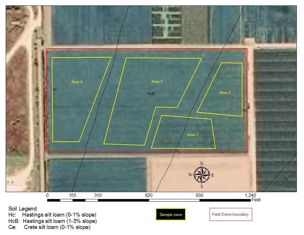 Figure 1. 29 Study Location, SCAL farm, Clay Center, Nebraska (18 acre field) Table 1. Spring Soil Sample Results (Feb. 25, 29) Sample Zone 1 2 3 4 ph 7.1 Buffer ph OM (%) 2.
