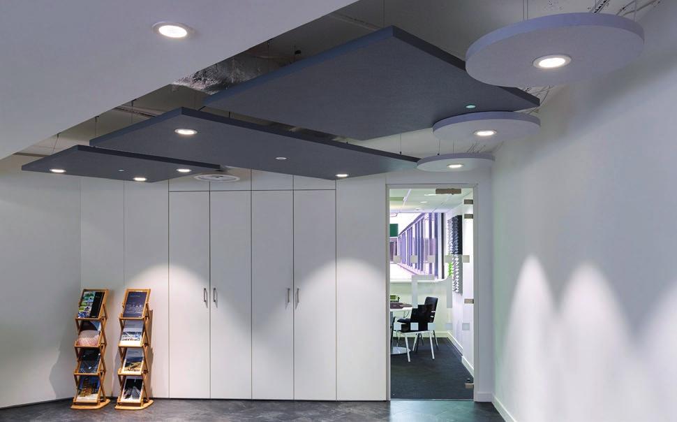 Lightweight acoustic baffle manufactured from high density fibre glass with a white painted speckled finish with excellent sound