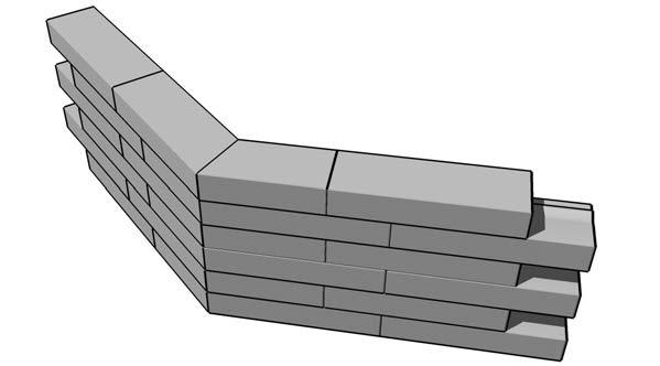 The angle of the cut should be half the angle of the final wall corner (eg. 22.5 for a 45 corner). Cut the second block at the same angle on the oposite side starting from the front corner.