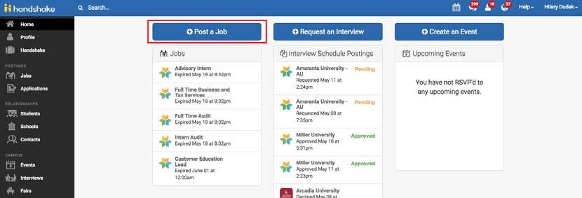 How to post a job to your AGGIE Handshake account: 1. Start by clicking <Post a Job> from your home dashboard.