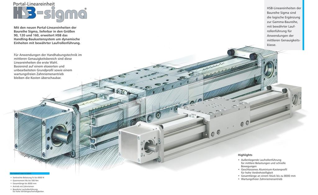 Portal Linear Drive With the new portal linear drives of the Sigma model series, which can be supplied in sizes 70, 90, 120 and 160, HSB is expanding the modular handling system by dynamic drives