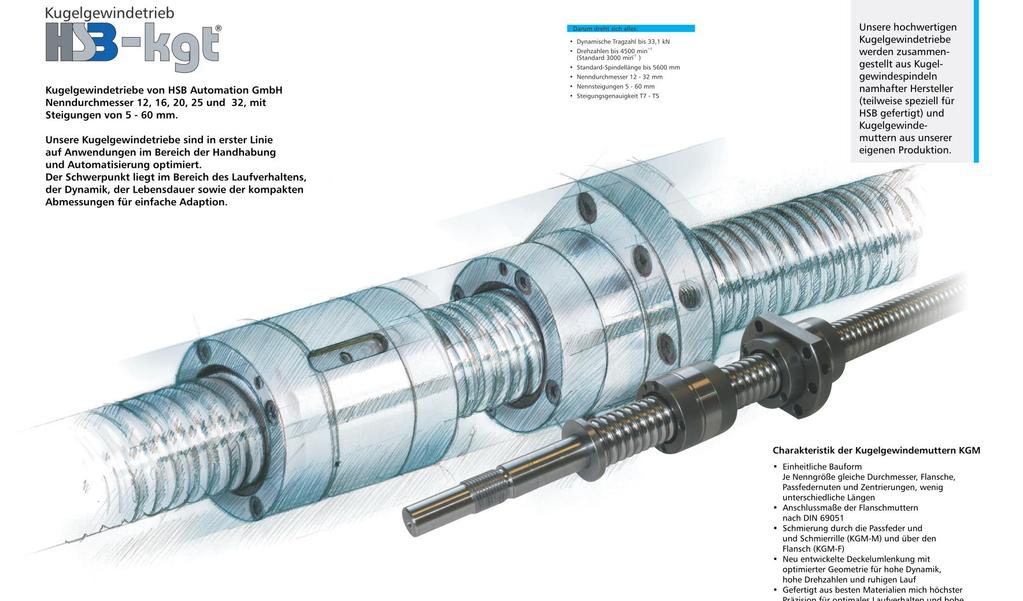 Ball Screw Drive Ball screws from HSB Automation GmbH Nominal diameter 12, 16, 20, 25 and 32, with pitches of 5-60 mm.