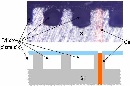 Figure 4. Cross-sectional optical image and schematic of integrated microchannel heat sink and electrical through-silicon vias.