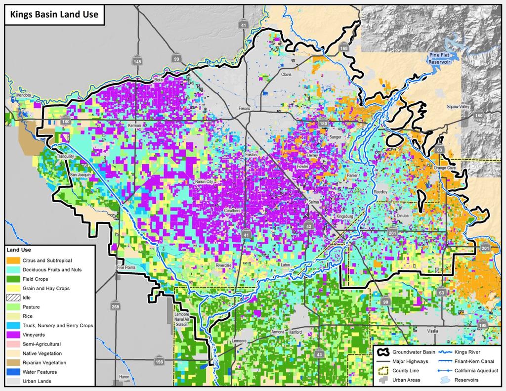 Figure 2 - Land Use Kings Basin Within portions of the lower Kings Basin, there are no surface water delivery facilities and the area does not have water rights to the Kings or San Joaquin rivers.