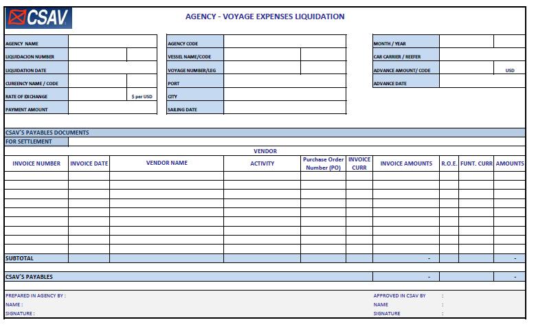 AGENCY MANUAL January 2007 Edition Exhibit 5 Payables Forms Exhibit 5.1 Voyage Expenses Liquidation (VLN) Exhibit 5.1.1 Voyage Liquidation Form Exhibit 5.1.2 How to fill in Voyage Expenses Liquidation 1 Agency Name: Agency name.