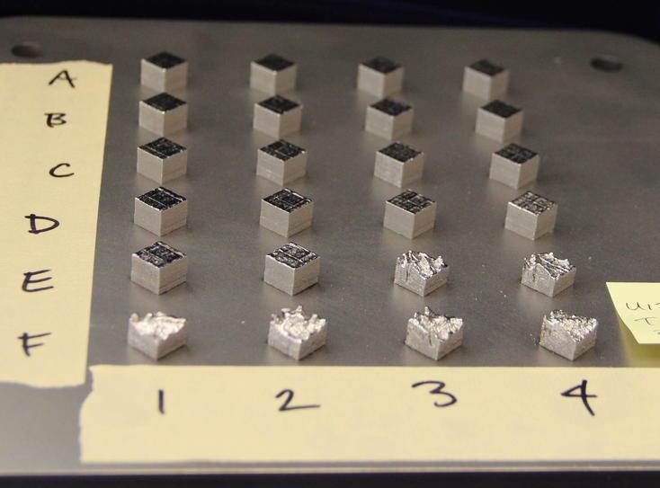 Figure 3: The first set of Ti-6Al-4V density pillars. Note the incomplete pillars in rows E and F. 4.45 Density Set 1 Ti-6Al-4V; 150-400W 4.40 Density (in g/cm 3 ) 4.35 4.