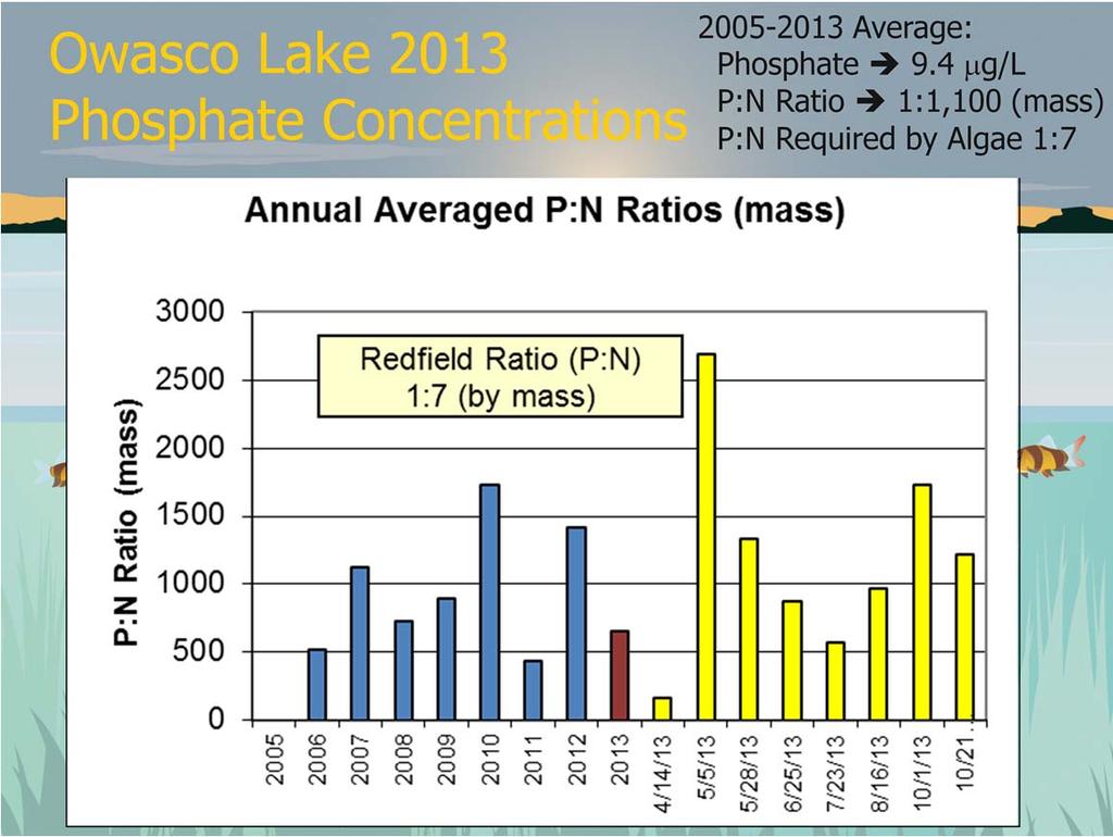Phosphorus to Nitrogen (P:N) ratios in the water column reveal that phosphorus has always been the limiting nutrient in Owasco Lake.