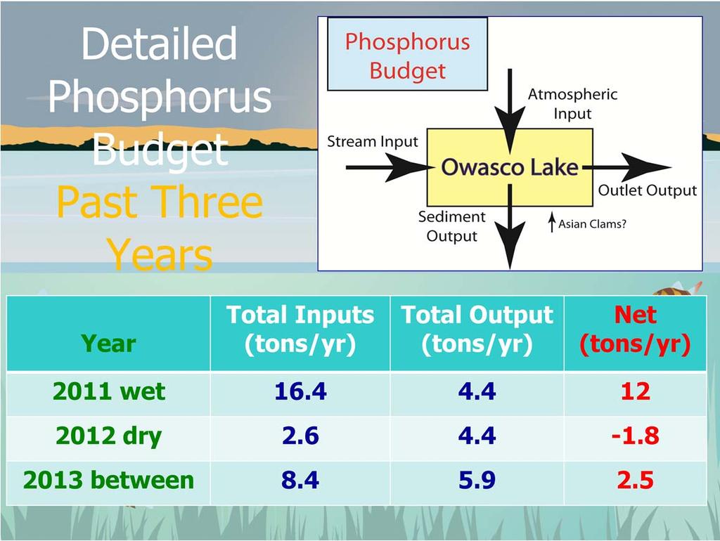 The lake s annual phosphorus budgets oscillates between more phosphorus entering the lake than being removed (in 2011 and 2013) to less phosphorus entering the lake than being removed (in 2012).