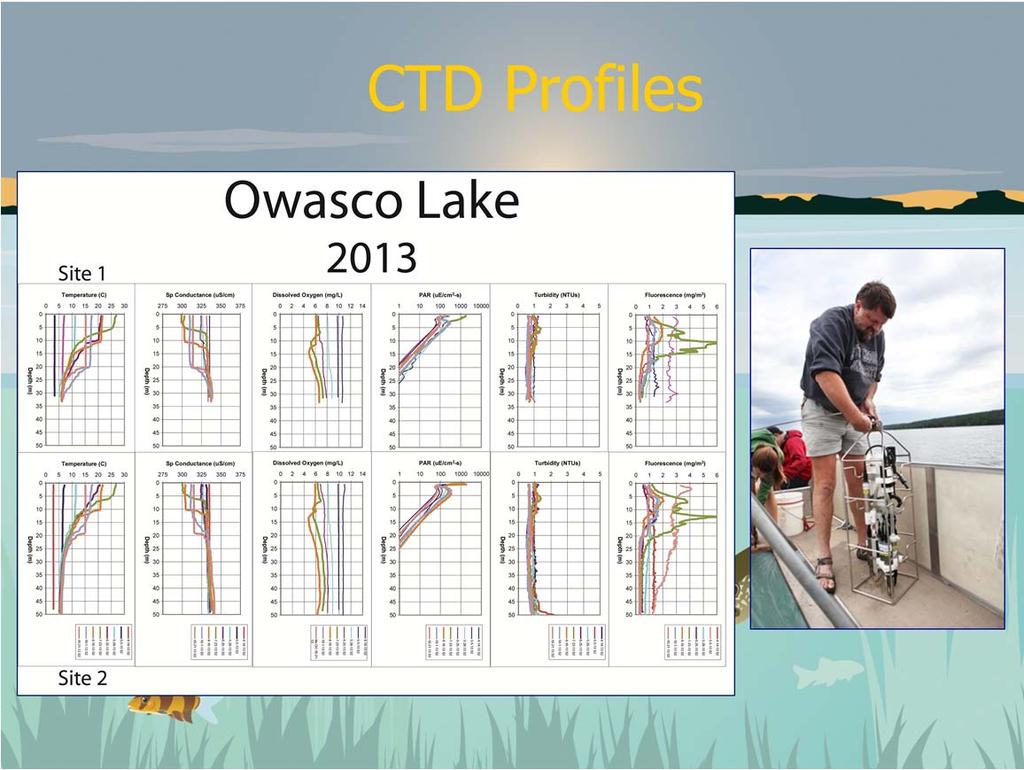 CTD casts depict water column profiles of temperature, salinity (specific conductance), dissolved oxygen, available light, turbidity and algal abundance, and their changes across the lake and over