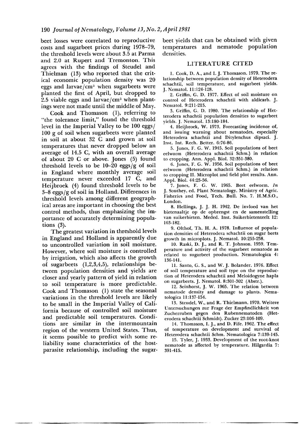 190 Journal of Nematology, Volume 13, No. 2, April 1981 beet losses were correlated to reproductive costs and sugarbeet prices during 1978-79, the threshold levels were about 3.5 at Parma and 2.