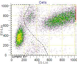 The flow cytometer incorporates this parameter to gate lymphocytes using Electronic Volume versus Side Scatter in a dual parameter gate.